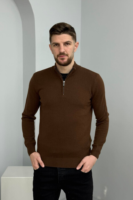 ZIPPER NECK ONE COLOR MEN SWEATER BROWN/KAFE - 3
