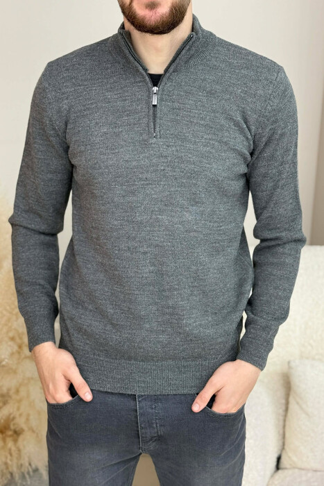 ZIPPER NECK ONE COLOR MEN SWEATER DARK GREY/GEE 