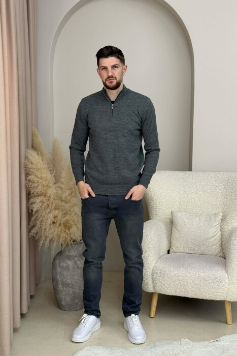 ZIPPER NECK ONE COLOR MEN SWEATER DARK GREY/GEE - 2