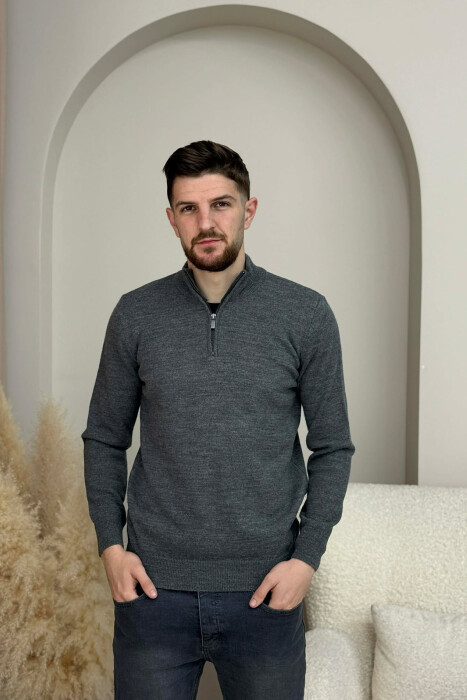 ZIPPER NECK ONE COLOR MEN SWEATER DARK GREY/GEE - 3