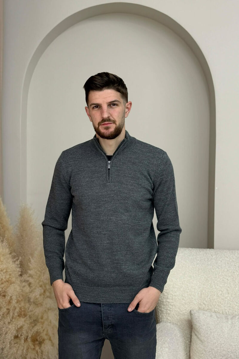 ZIPPER NECK ONE COLOR MEN SWEATER DARK GREY/GEE - 3