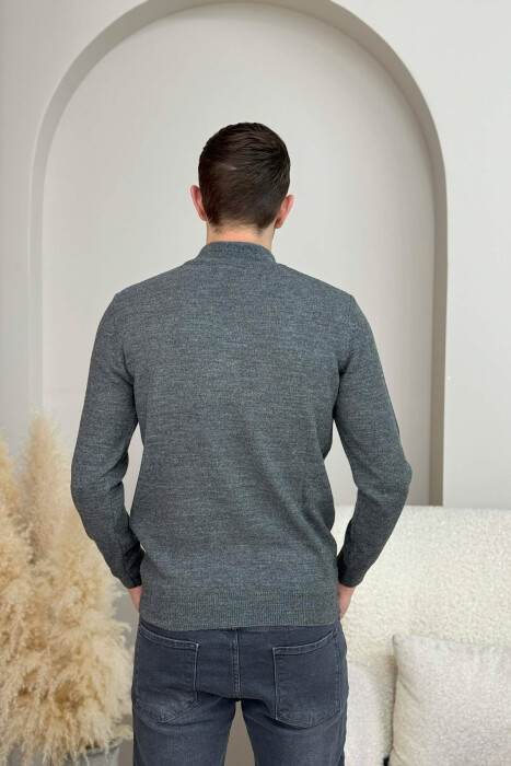 ZIPPER NECK ONE COLOR MEN SWEATER DARK GREY/GEE - 4