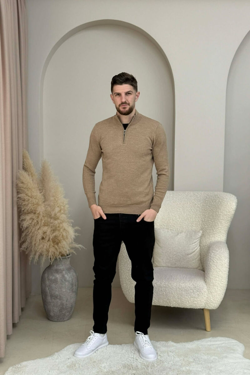 ZIPPER NECK ONE COLOR MEN SWEATER LIGHT BROWN/KAZB - 2