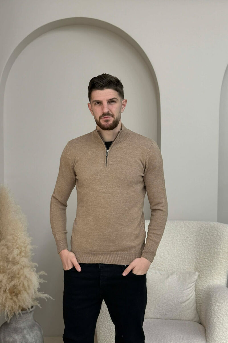 ZIPPER NECK ONE COLOR MEN SWEATER LIGHT BROWN/KAZB - 3