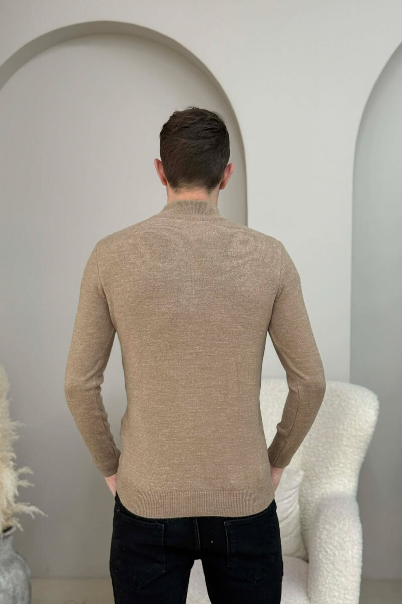 ZIPPER NECK ONE COLOR MEN SWEATER LIGHT BROWN/KAZB - 4