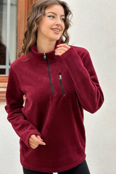 ZIPPER NECK ONE COLOR WOMAN SWEATSHIRT BURGUNDY/VISHNJE - 1