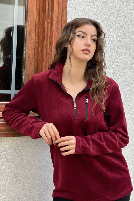 ZIPPER NECK ONE COLOR WOMAN SWEATSHIRT BURGUNDY/VISHNJE - 2