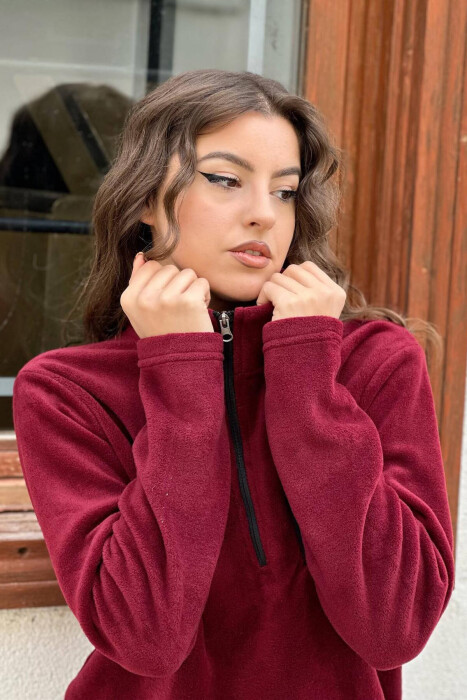 ZIPPER NECK ONE COLOR WOMAN SWEATSHIRT BURGUNDY/VISHNJE - 3