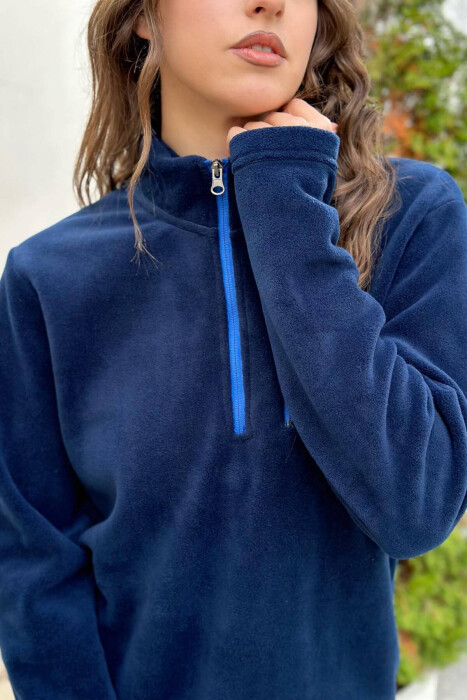 ZIPPER NECK ONE COLOR WOMAN SWEATSHIRT DARK BLUE/BEE - 2