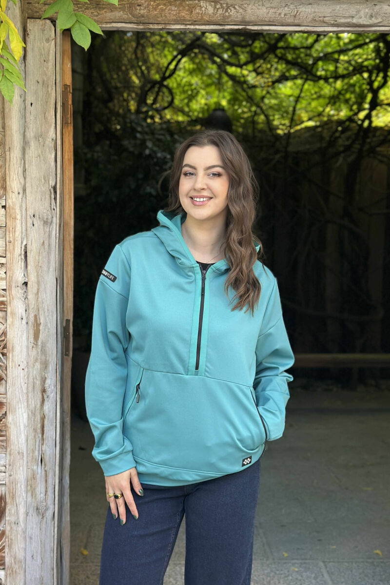 ZIPPER NECK ONE COLOR WOMEN HOODIE BLUE STONE/GK - 2