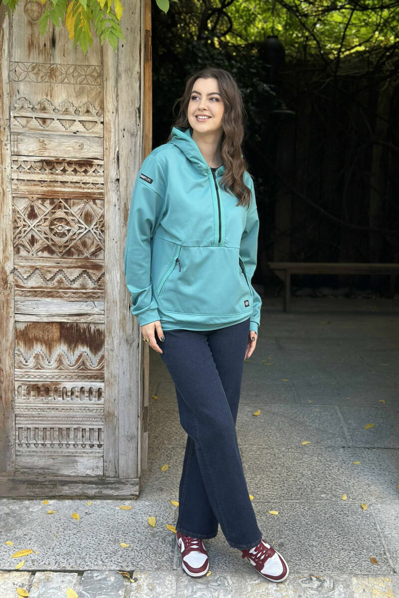 ZIPPER NECK ONE COLOR WOMEN HOODIE BLUE STONE/GK - 1