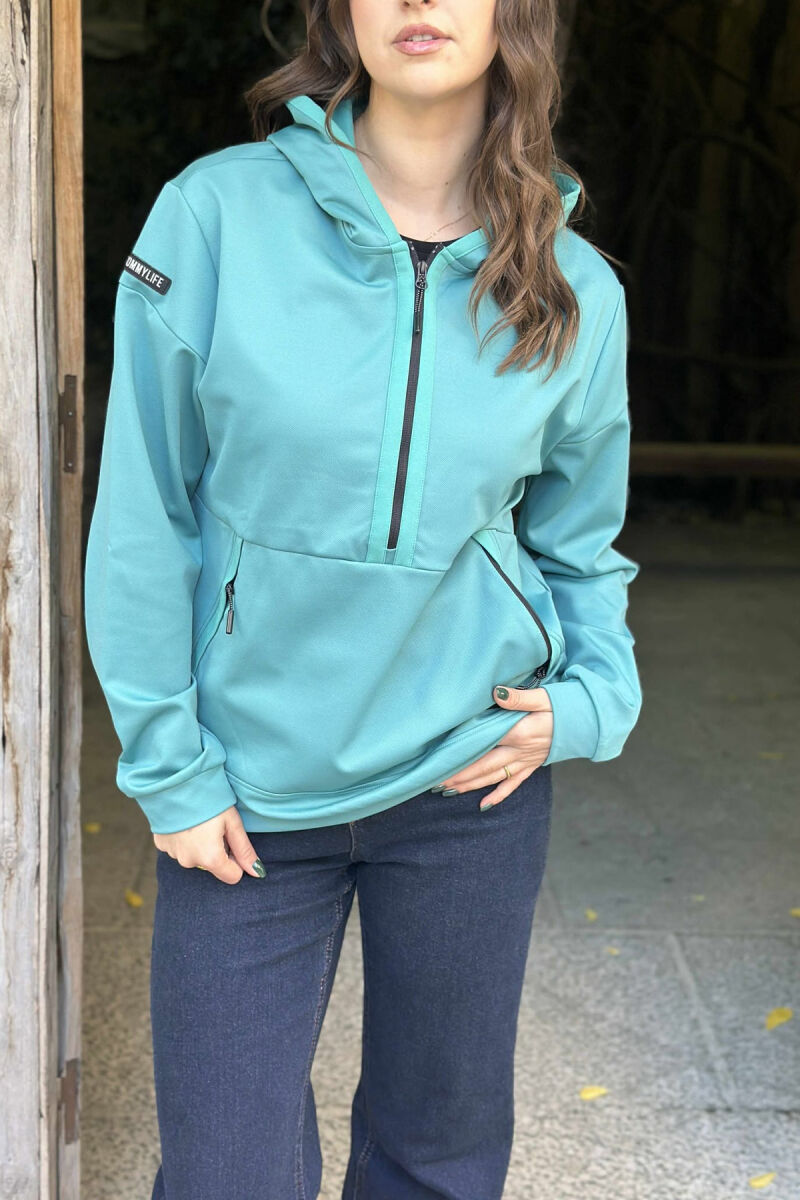 ZIPPER NECK ONE COLOR WOMEN HOODIE BLUE STONE/GK - 4