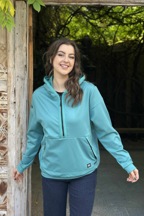 ZIPPER NECK ONE COLOR WOMEN HOODIE BLUE STONE/GK - 3