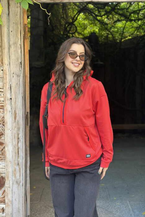 ZIPPER NECK ONE COLOR WOMEN HOODIE RED/E KUQE - 4