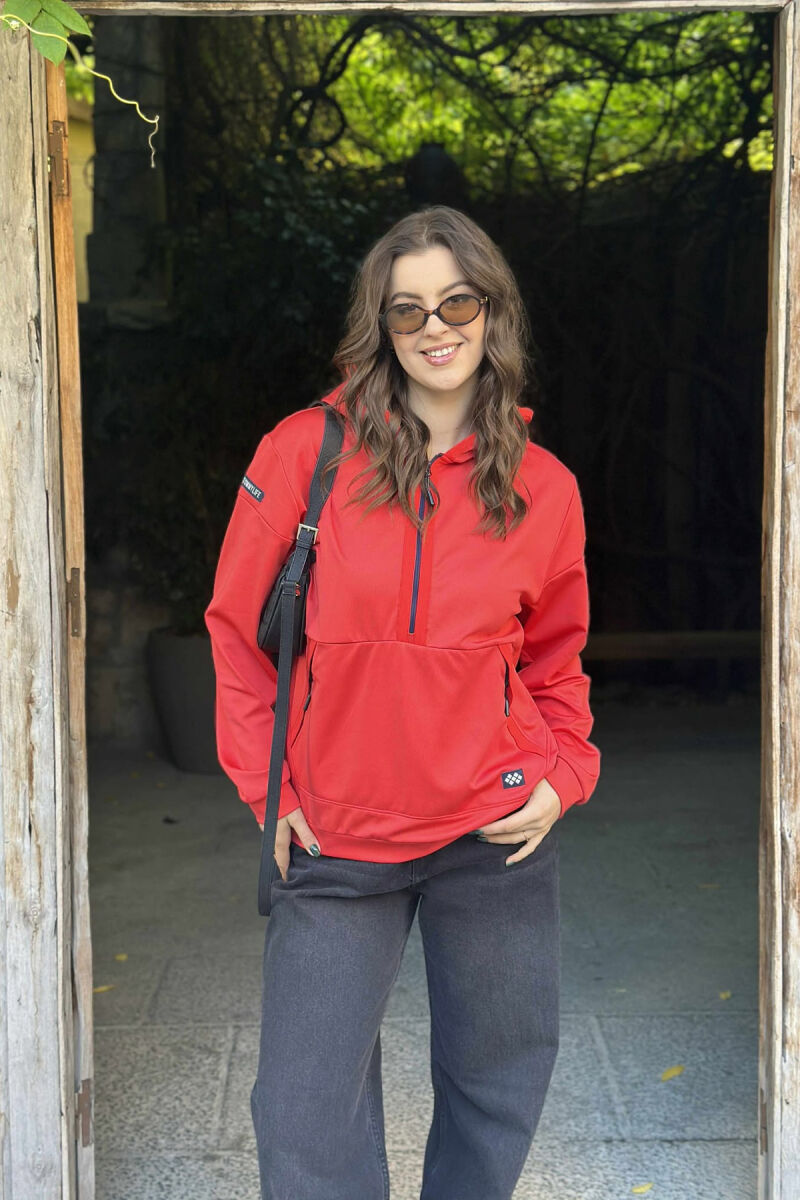 ZIPPER NECK ONE COLOR WOMEN HOODIE RED/E KUQE - 3
