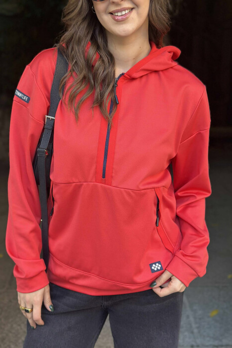 ZIPPER NECK ONE COLOR WOMEN HOODIE RED/E KUQE - 6