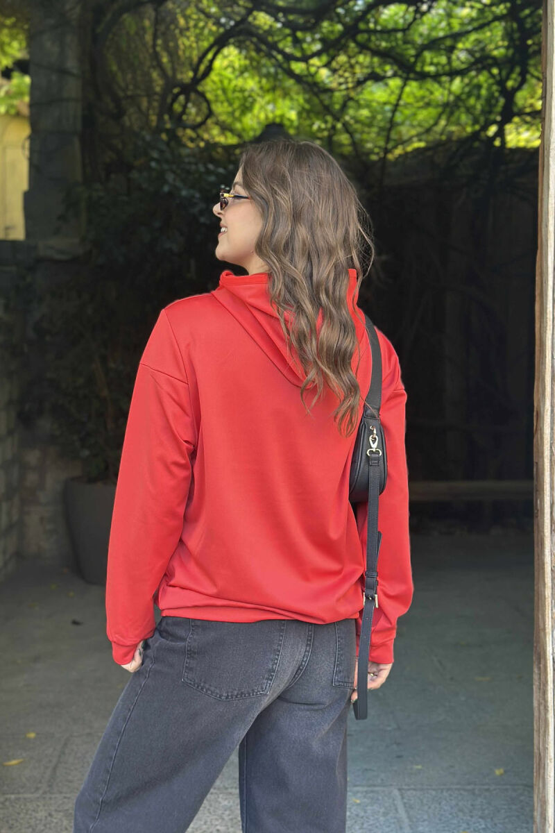 ZIPPER NECK ONE COLOR WOMEN HOODIE RED/E KUQE - 5