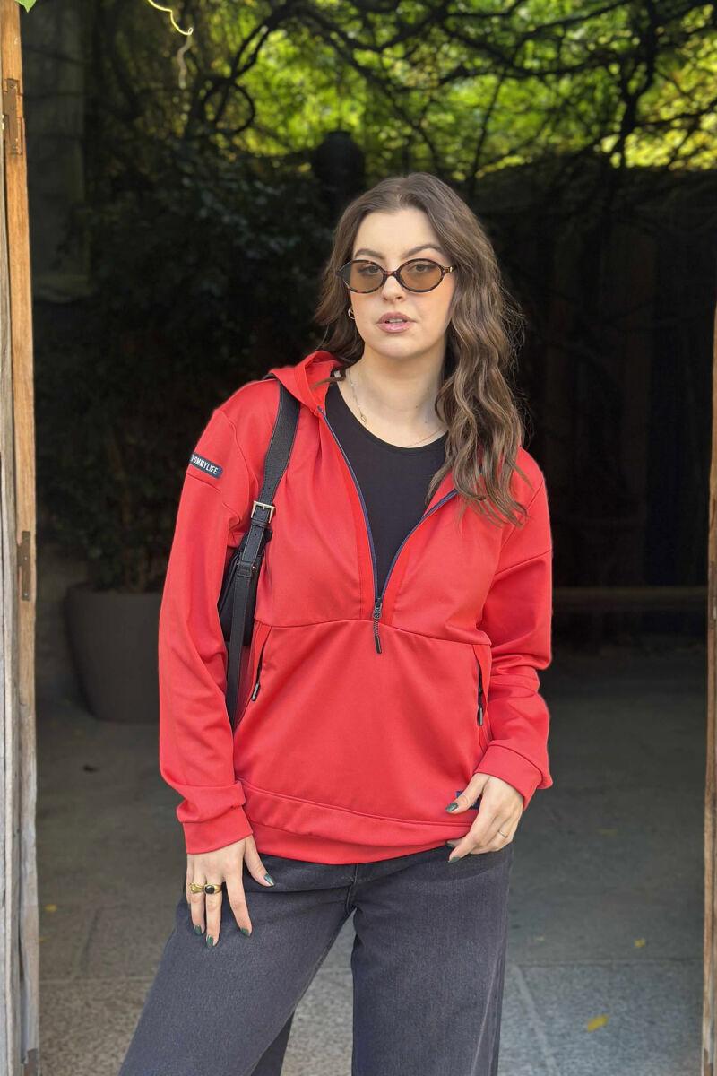 ZIPPER NECK ONE COLOR WOMEN HOODIE RED/E KUQE - 2