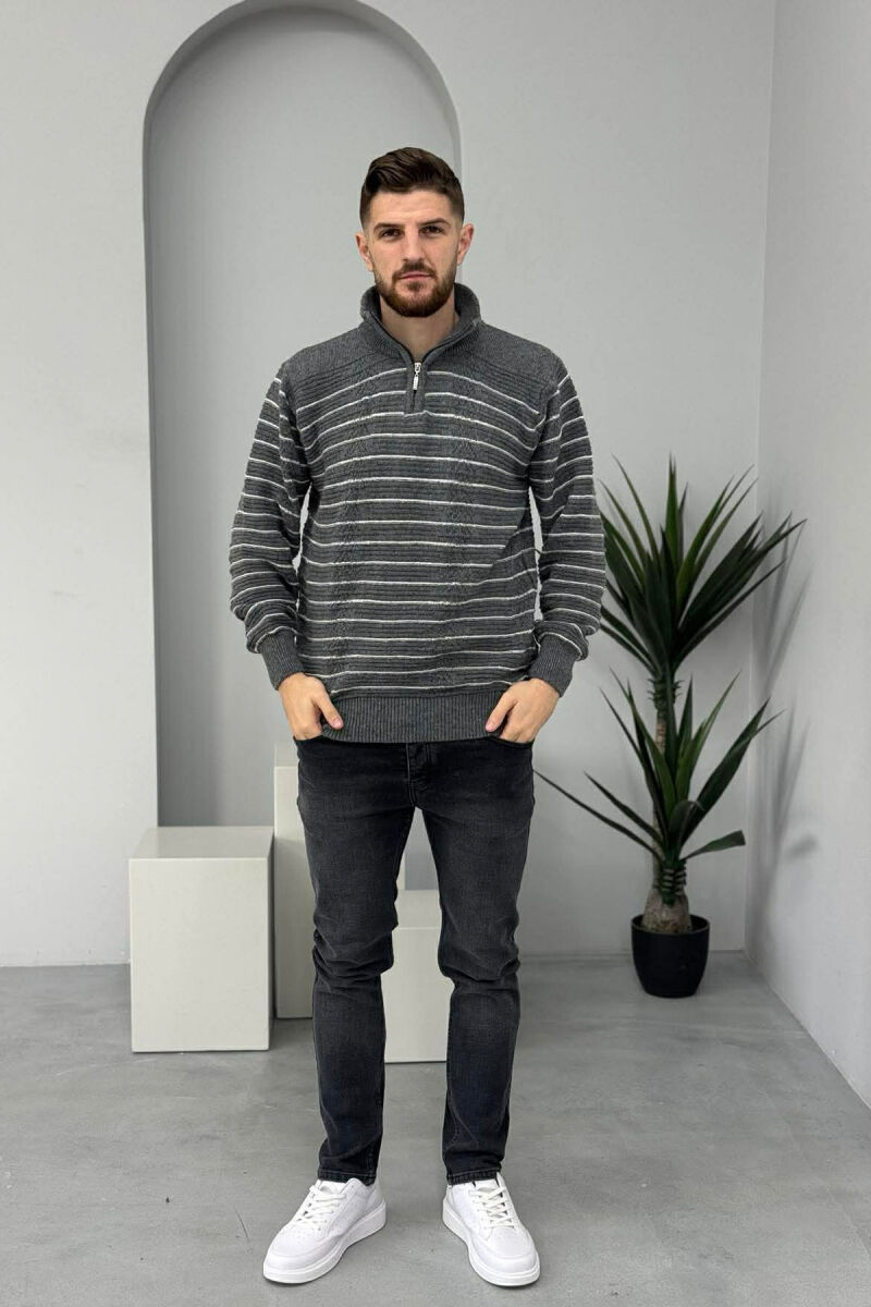 ZIPPER NECK SIMPLE MEN SWEATER DARK GREY/GEE - 1