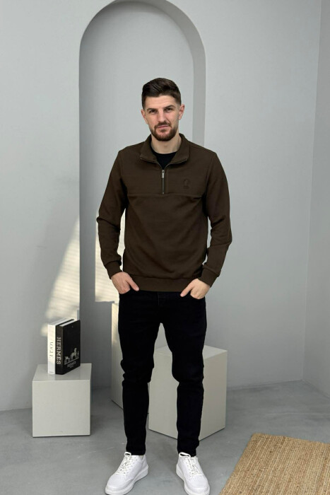 ZIPPER NECK SMALL LOGO MEN SWEATSHIRT BROWN/KAFE - 2