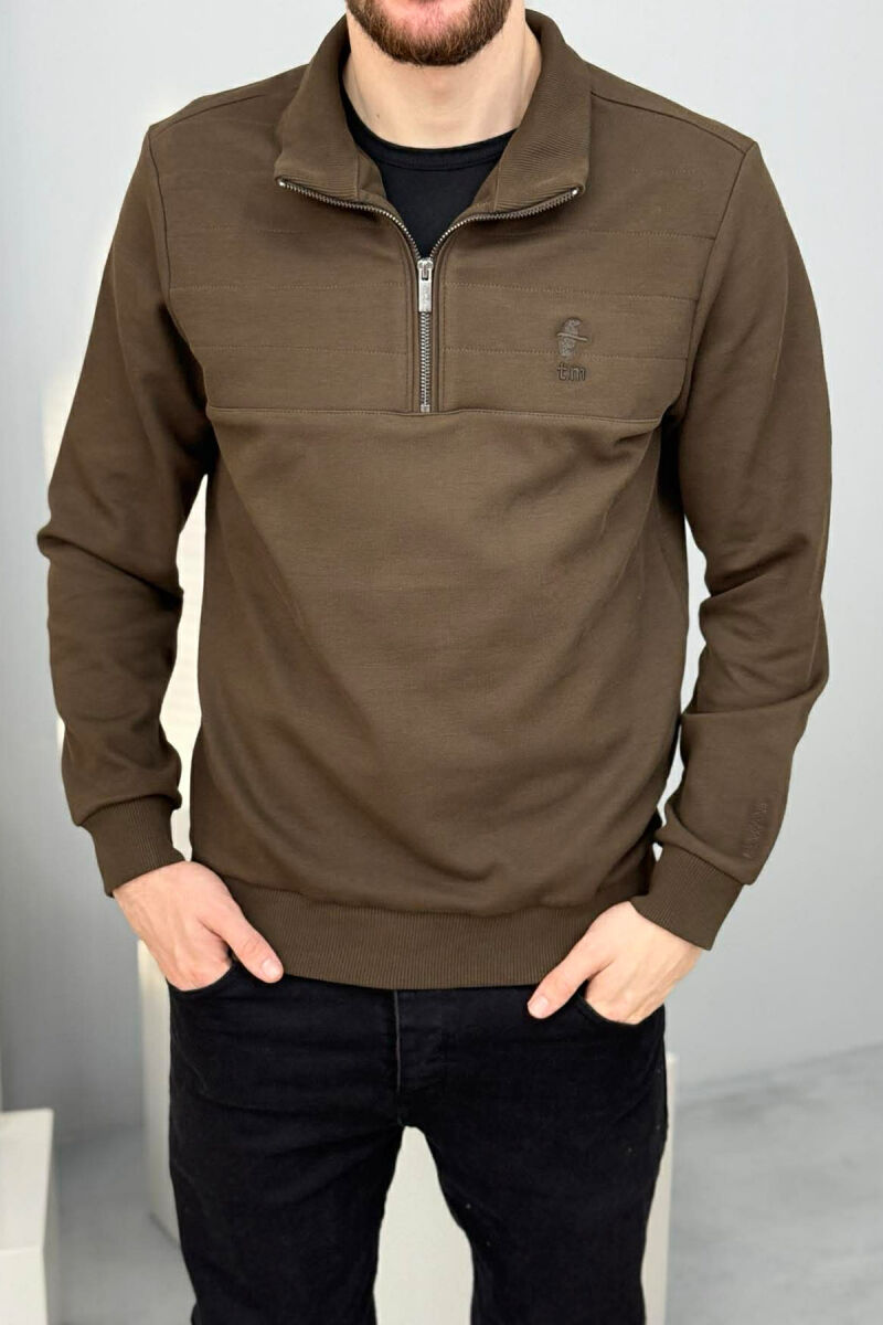 ZIPPER NECK SMALL LOGO MEN SWEATSHIRT BROWN/KAFE - 1