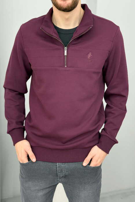 ZIPPER NECK SMALL LOGO MEN SWEATSHIRT BURGUNDY/VISHNJE - KLAUDIO FASHION