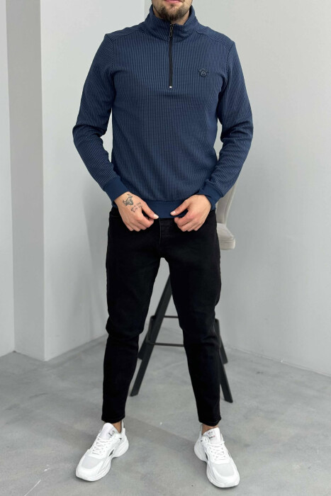 BLUZË ME JAKE ME ZINXHIR DHE ME DIZAJN VIJASH PËR MESHKUJ NË NGJYRË BLU - KLAUDIO FASHION