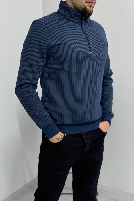 ZIPPER NECK STRIPE DESIGN MEN SWEATSHIRT BLUE/BLU - 2