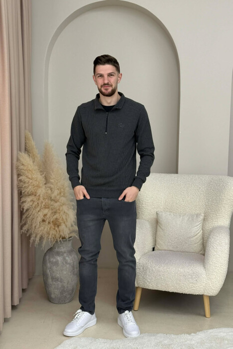 ZIPPER NECK STRIPE DESIGN MEN SWEATSHIRT DARK GREY/GEE - 2