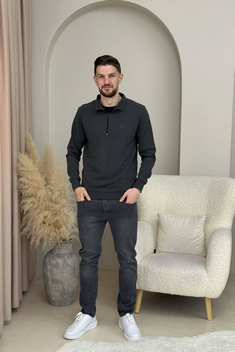ZIPPER NECK STRIPE DESIGN MEN SWEATSHIRT DARK GREY/GEE - 2