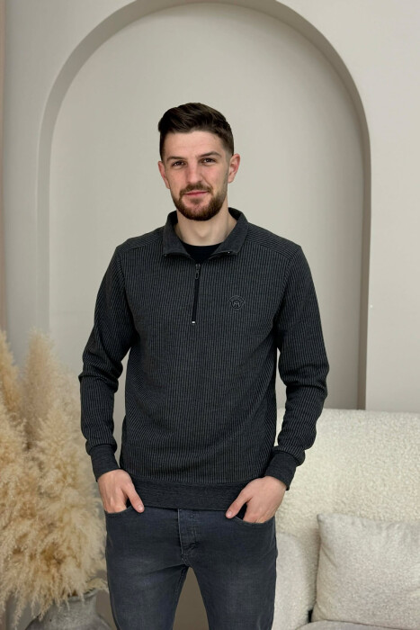 ZIPPER NECK STRIPE DESIGN MEN SWEATSHIRT DARK GREY/GEE - 5