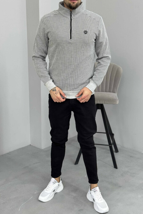 ZIPPER NECK STRIPE DESIGN MEN SWEATSHIRT LIGHT GREY/GZ - 1