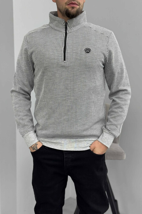 ZIPPER NECK STRIPE DESIGN MEN SWEATSHIRT LIGHT GREY/GZ - 2