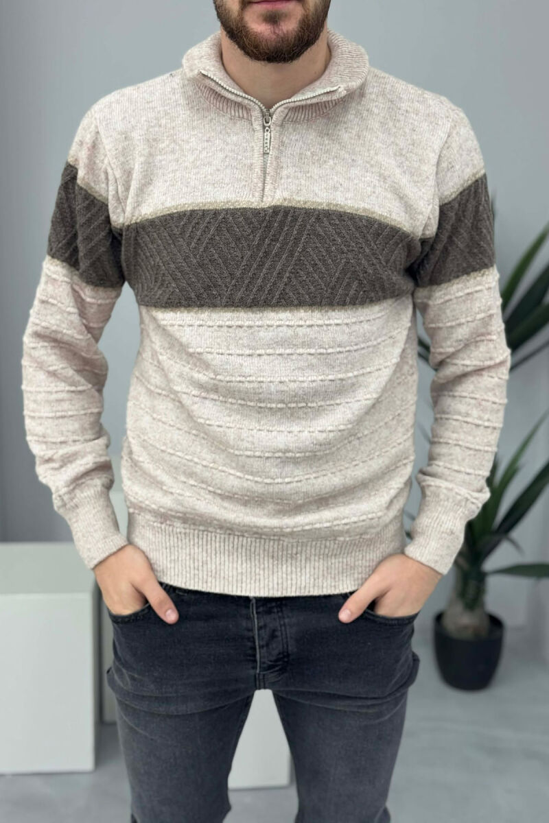 ZIPPER NECK STRIPE MEN SWEATER BEIGE/BEZHE - 1
