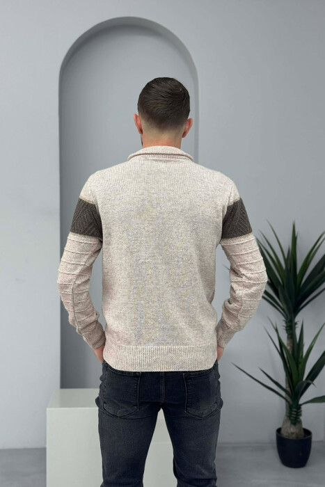 ZIPPER NECK STRIPE MEN SWEATER BEIGE/BEZHE - 4