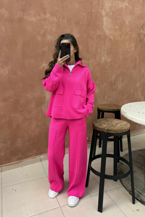 ZIPPER NECK SWEATER+TROUSERS WOMEN KNIT SET FUCHSIA/CIKLAMI - 1