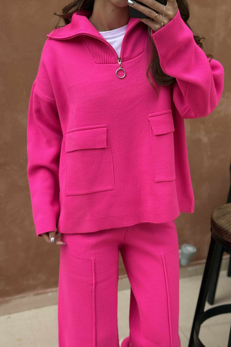 ZIPPER NECK SWEATER+TROUSERS WOMEN KNIT SET FUCHSIA/CIKLAMI - 4