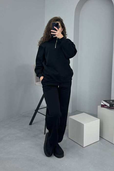 ZIPPER NECK SWEATSHIRT+SWEATPANTS FLUFFY WOMEN SET BLACK/ E ZEZE - 1