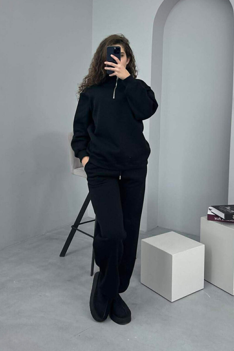 ZIPPER NECK SWEATSHIRT+SWEATPANTS FLUFFY WOMEN SET BLACK/ E ZEZE - 1
