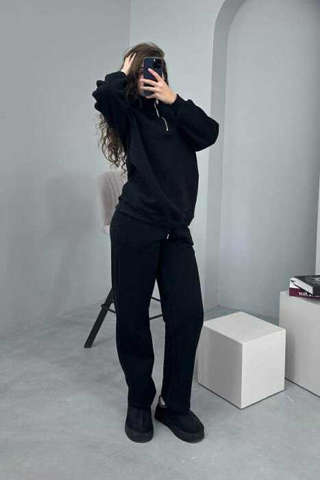 ZIPPER NECK SWEATSHIRT+SWEATPANTS FLUFFY WOMEN SET BLACK/ E ZEZE - 5
