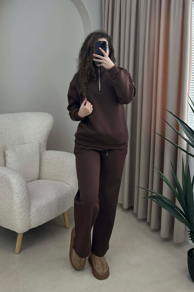 ZIPPER NECK SWEATSHIRT+SWEATPANTS FLUFFY WOMEN SET BROWN/KAFE - 1
