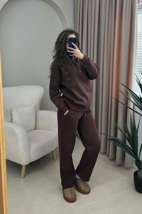 ZIPPER NECK SWEATSHIRT+SWEATPANTS FLUFFY WOMEN SET BROWN/KAFE - 2
