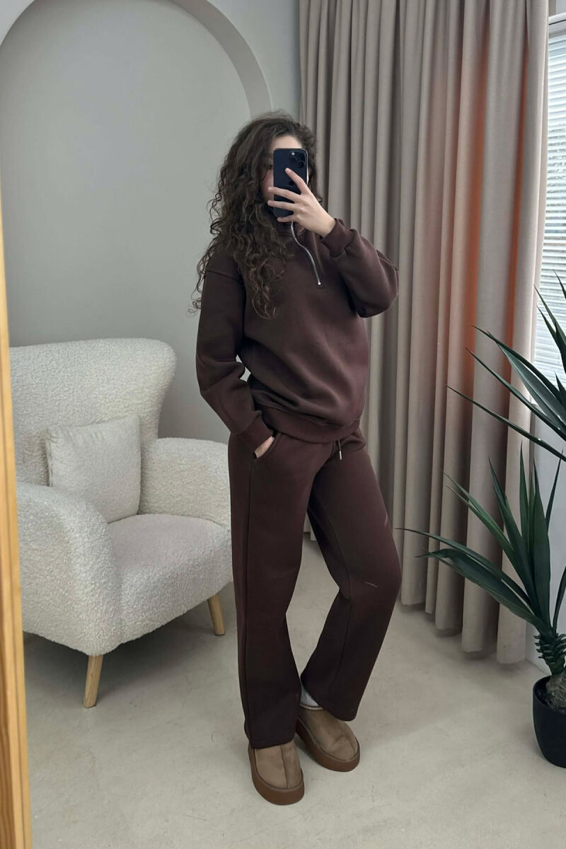 ZIPPER NECK SWEATSHIRT+SWEATPANTS FLUFFY WOMEN SET BROWN/KAFE - 2