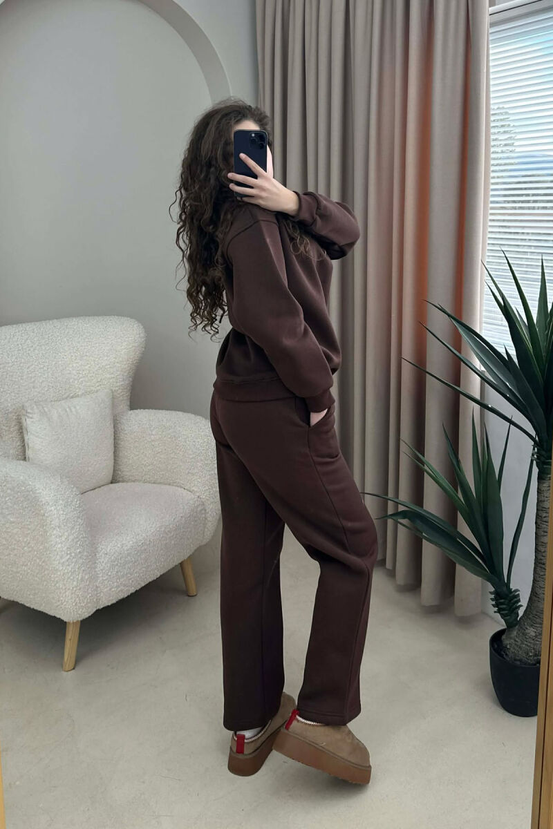 ZIPPER NECK SWEATSHIRT+SWEATPANTS FLUFFY WOMEN SET BROWN/KAFE - 3