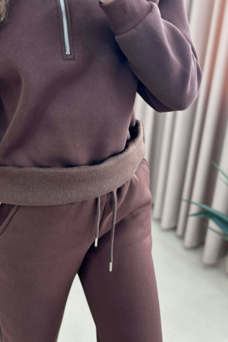 ZIPPER NECK SWEATSHIRT+SWEATPANTS FLUFFY WOMEN SET BROWN/KAFE - 5