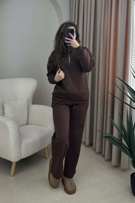 ZIPPER NECK SWEATSHIRT+SWEATPANTS FLUFFY WOMEN SET BROWN/KAFE - 1