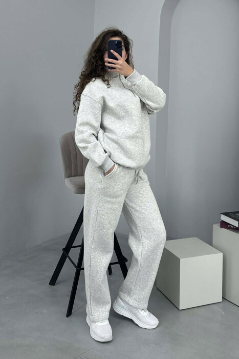 ZIPPER NECK SWEATSHIRT+SWEATPANTS FLUFFY WOMEN SET LIGHT GREY/GZ 