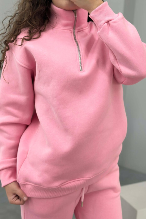 ZIPPER NECK SWEATSHIRT+SWEATPANTS FLUFFY WOMEN SET PINK/ROZE - 2