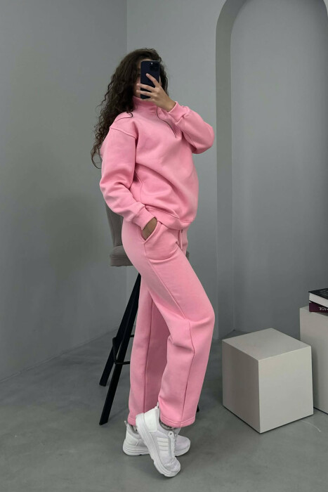 ZIPPER NECK SWEATSHIRT+SWEATPANTS FLUFFY WOMEN SET PINK/ROZE - 5