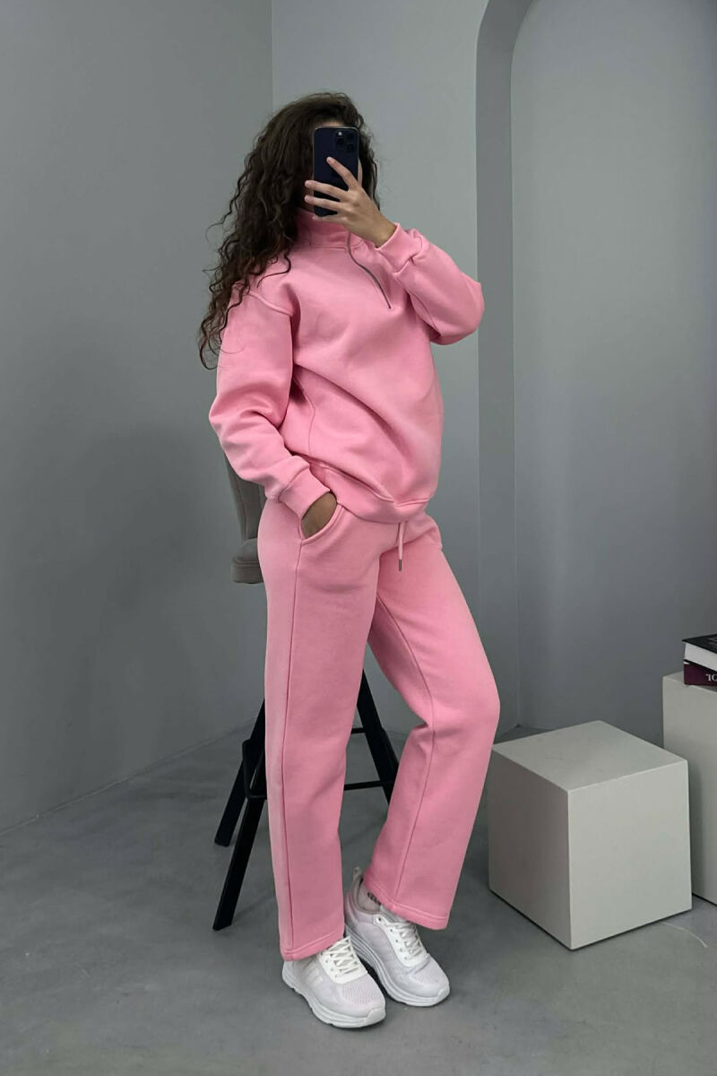 ZIPPER NECK SWEATSHIRT+SWEATPANTS FLUFFY WOMEN SET PINK/ROZE - 1
